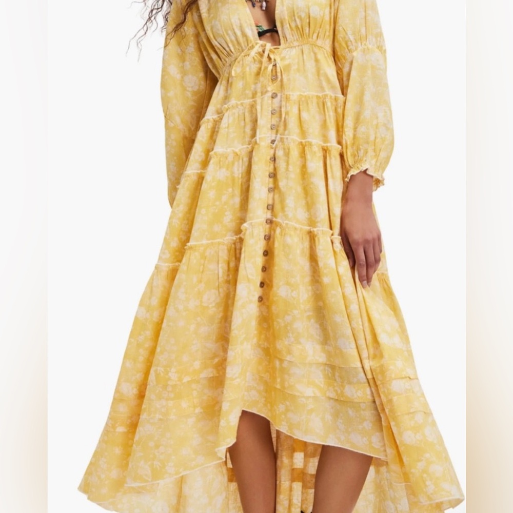 Free People‎ Pappiet Midi Dress Yellow Floral Boho High Low Button Front Small